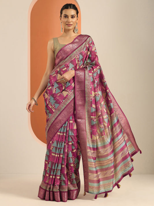 Pink Printed Silk Blend Saree With Unstitched Blouse Piece