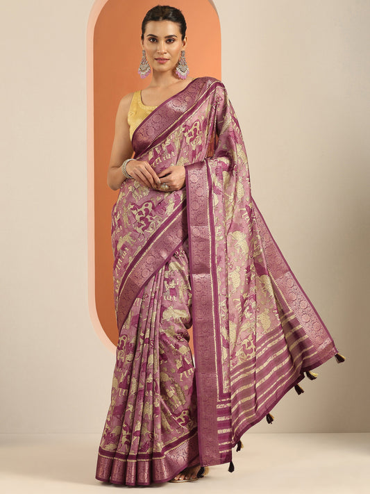 Mauve Printed Silk Blend Saree With Unstitched Blouse Piece