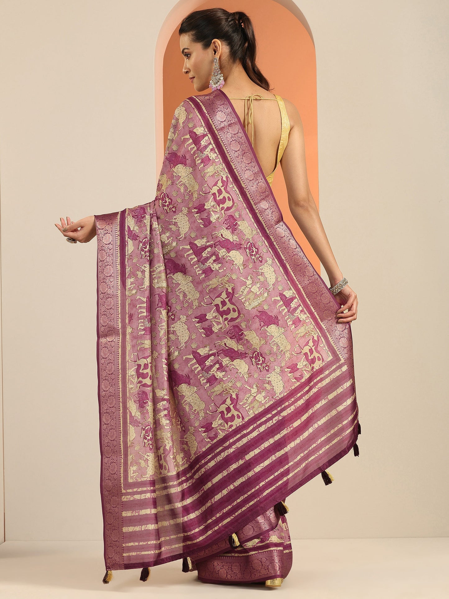 Mauve Printed Silk Blend Saree With Unstitched Blouse Piece