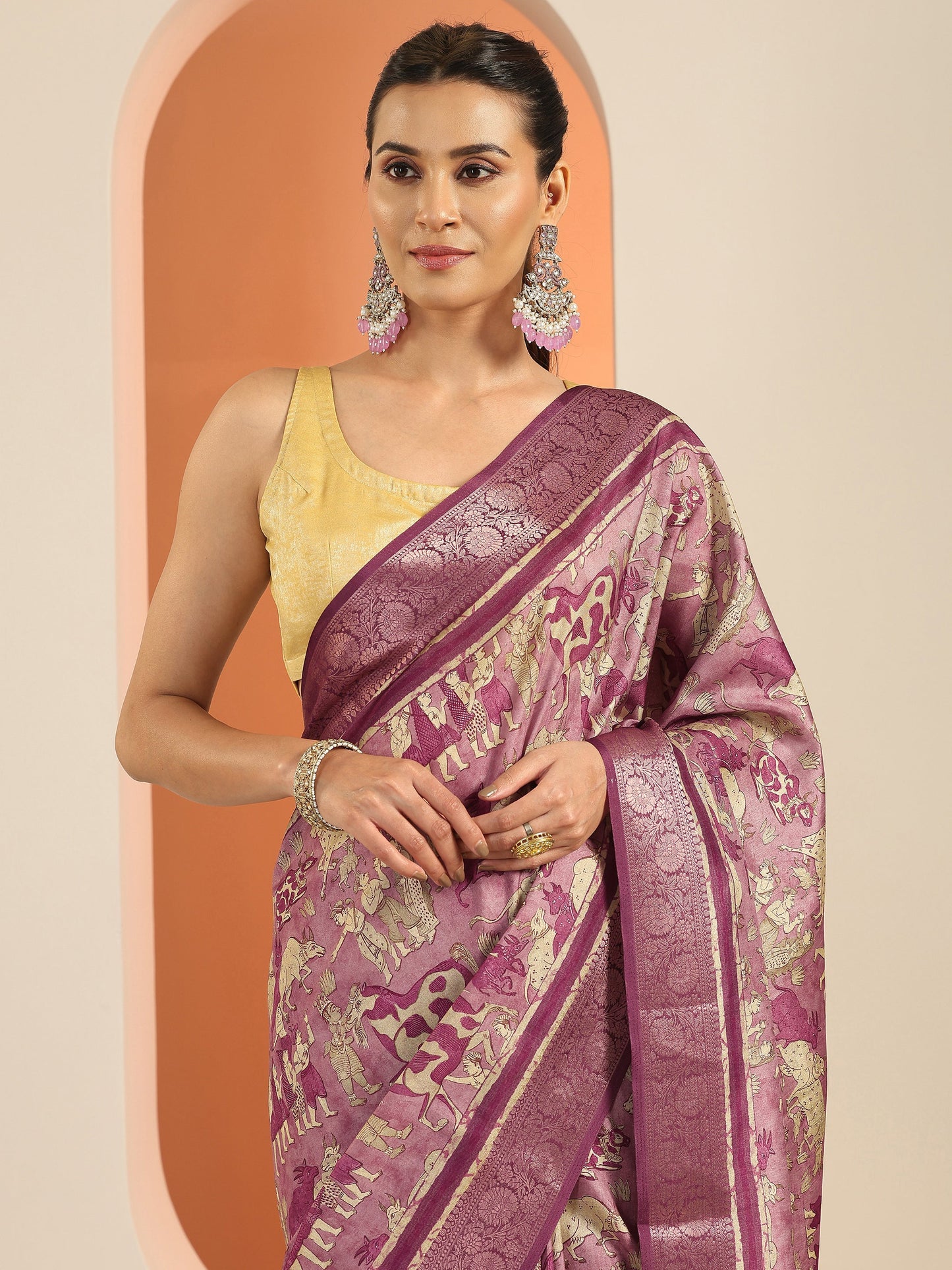 Mauve Printed Silk Blend Saree With Unstitched Blouse Piece