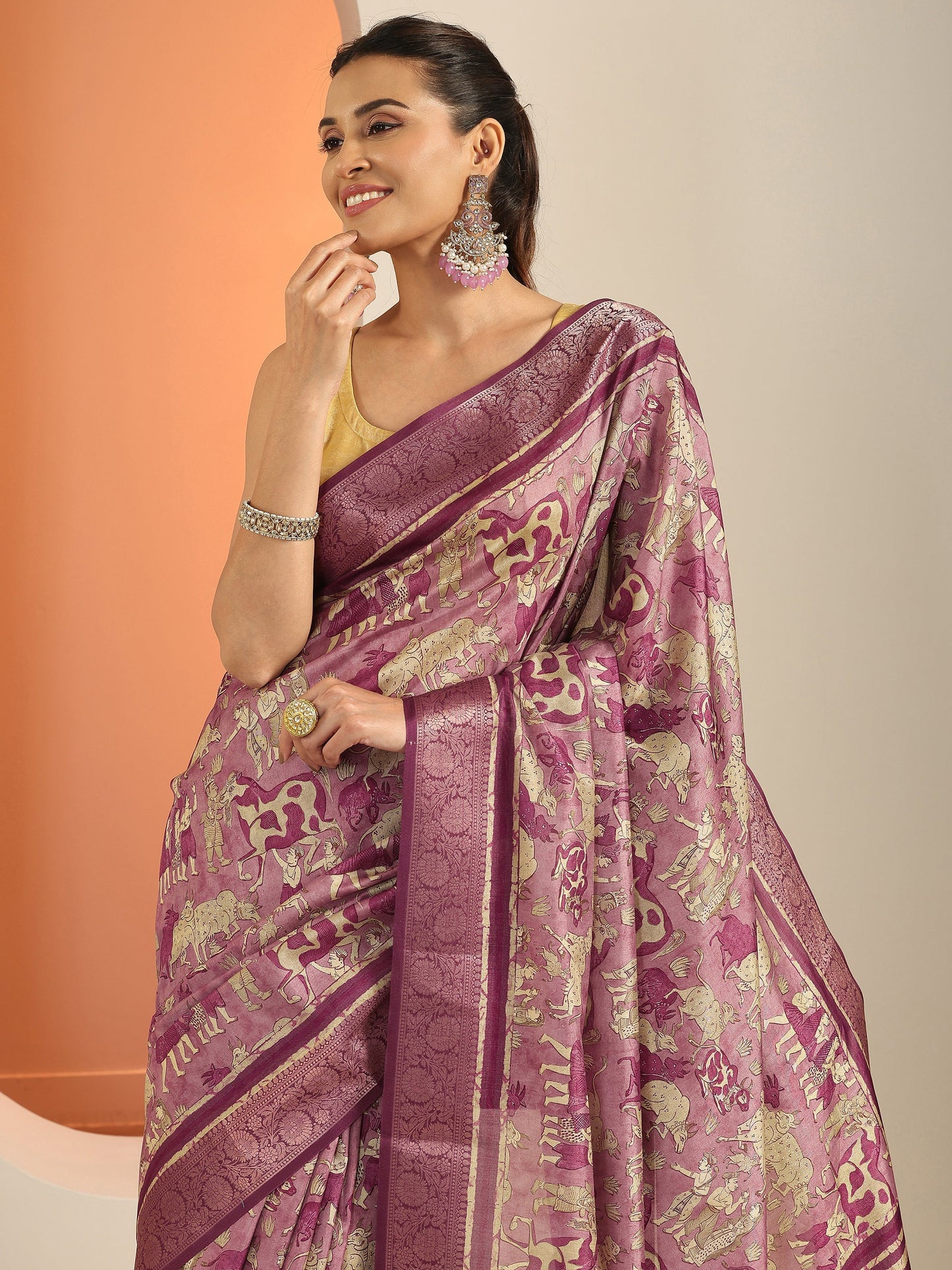 Mauve Printed Silk Blend Saree With Unstitched Blouse Piece