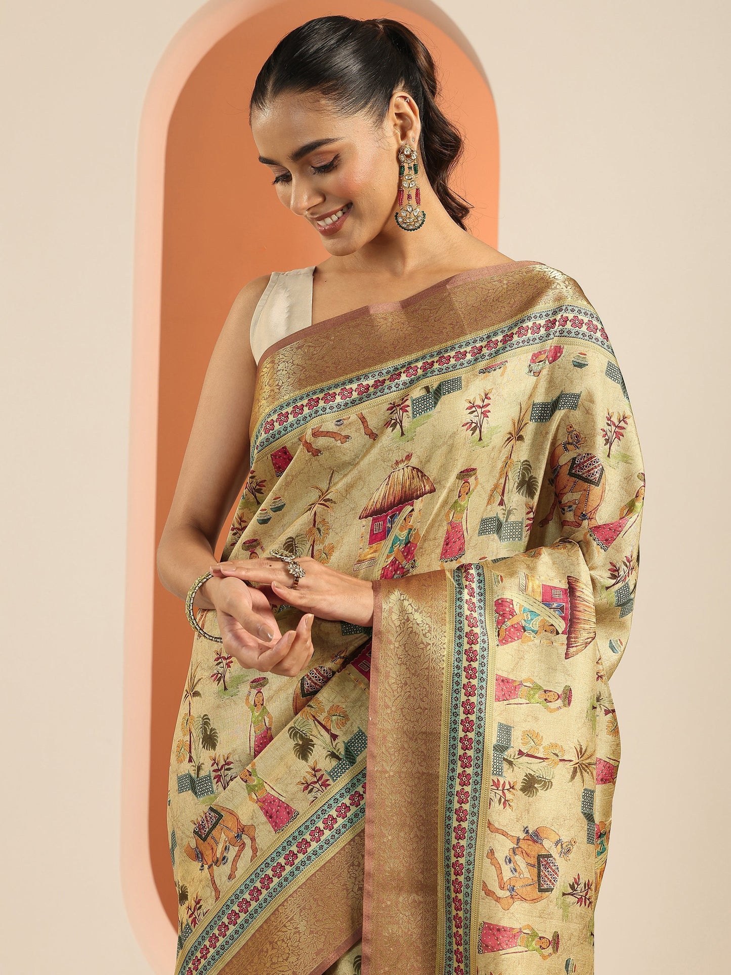 Beige Kalamkari Printed Silk Blend Saree With Unstitched Blouse Piece