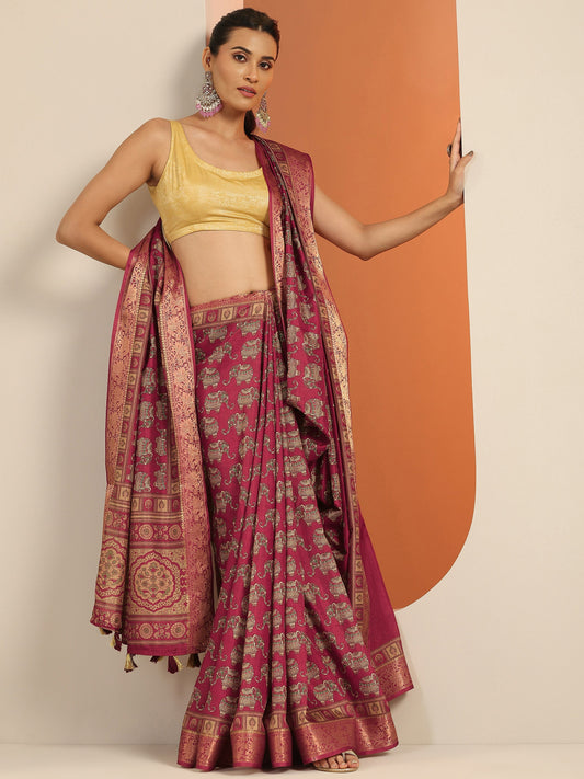 Red Printed Silk Blend Saree With Unstitched Blouse Piece