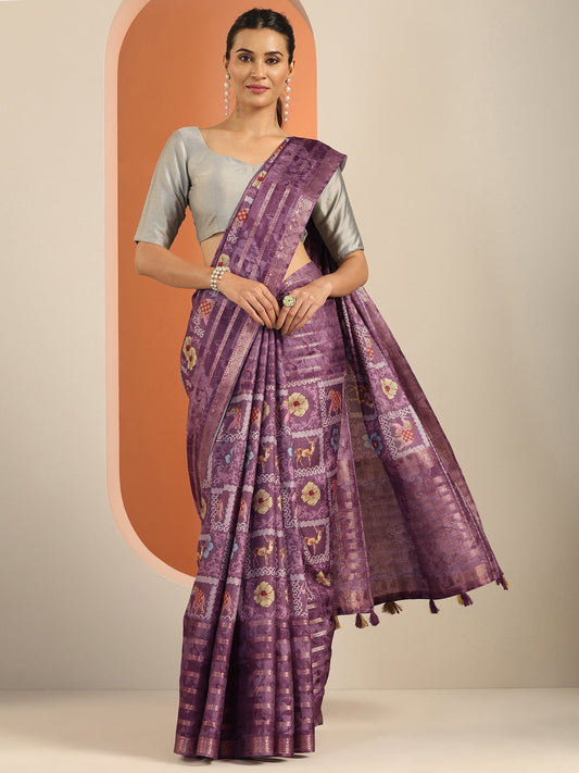Mauve Printed Silk Blend Saree With Unstitched Blouse Piece