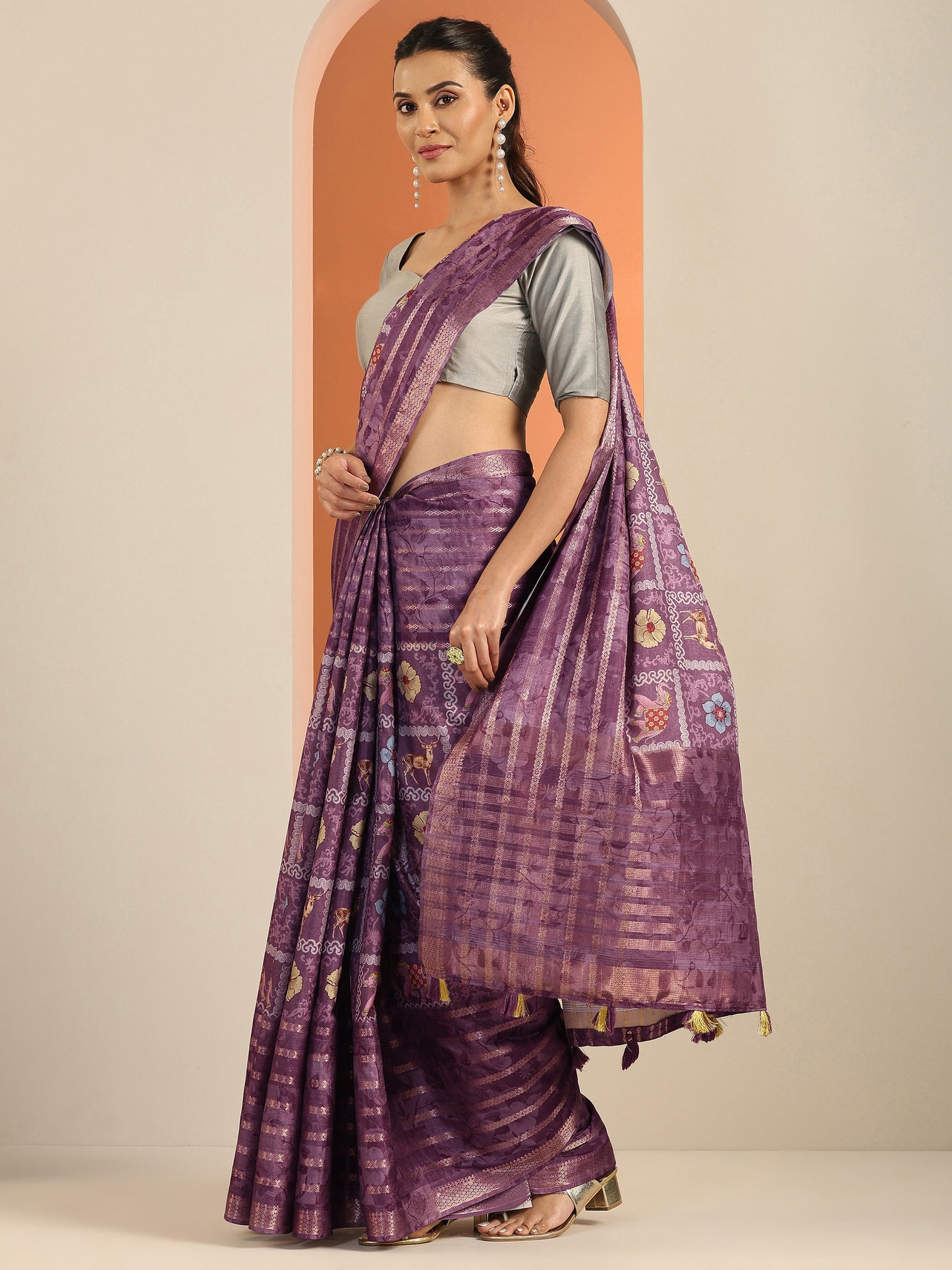 Mauve Printed Silk Blend Saree With Unstitched Blouse Piece