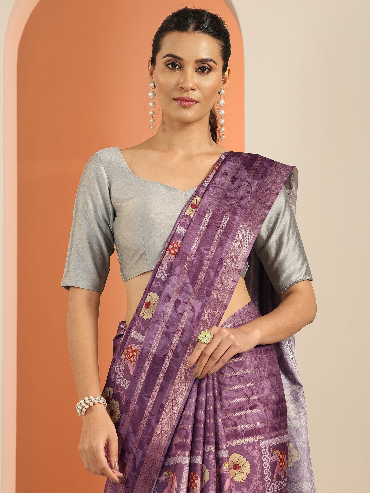 Mauve Printed Silk Blend Saree With Unstitched Blouse Piece