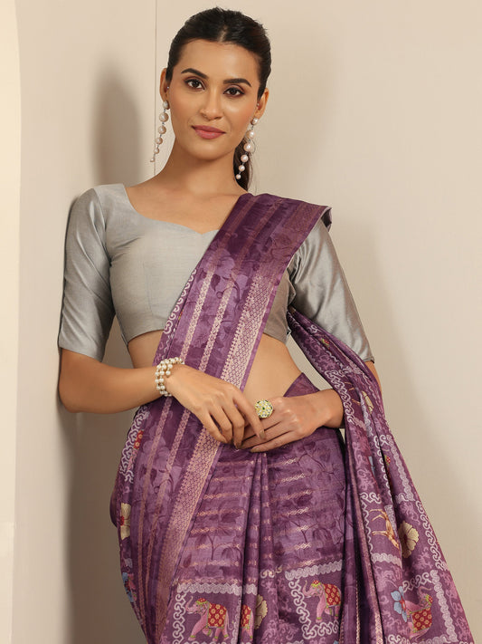 Mauve Printed Silk Blend Saree With Unstitched Blouse Piece