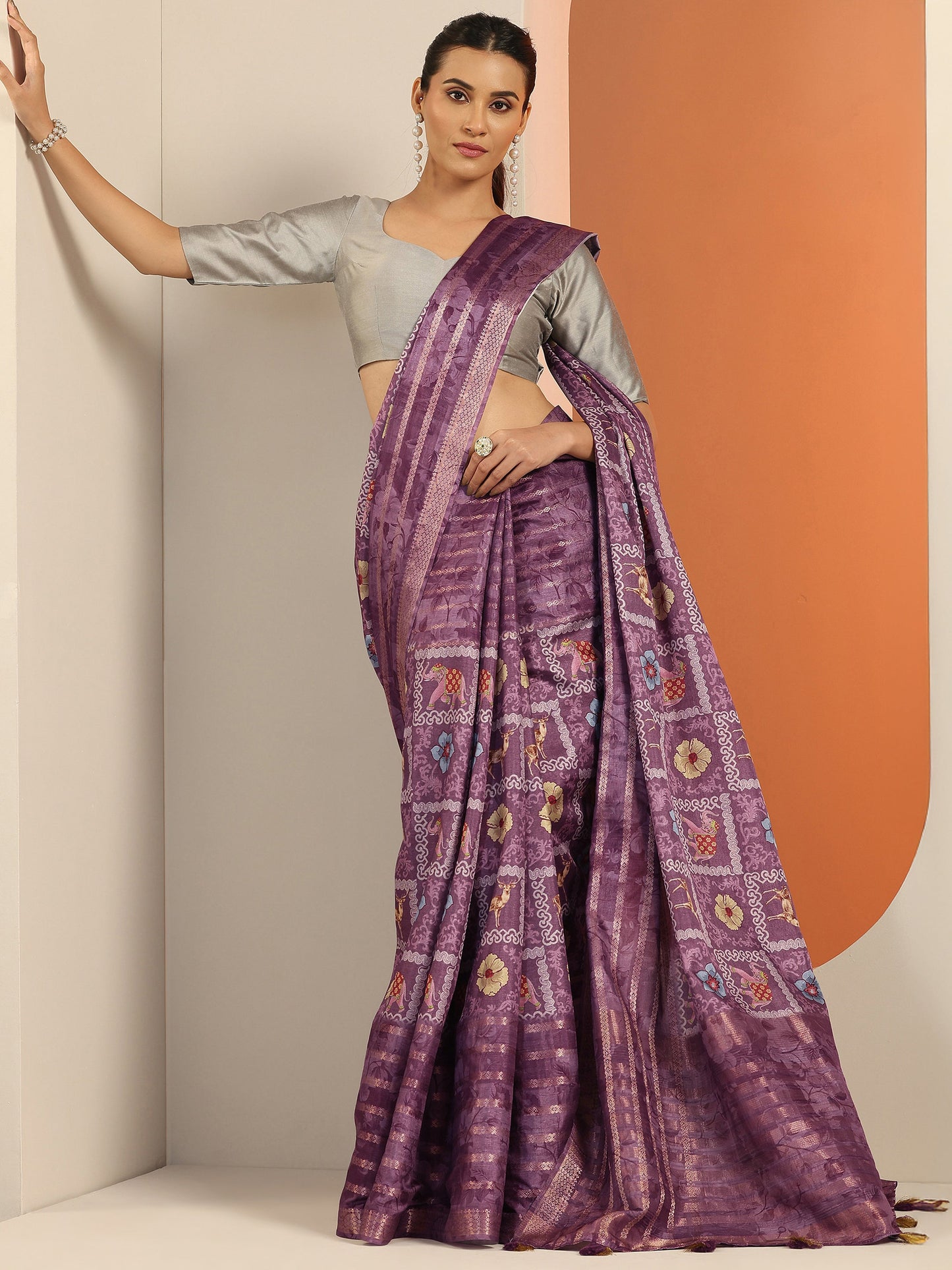 Mauve Printed Silk Blend Saree With Unstitched Blouse Piece
