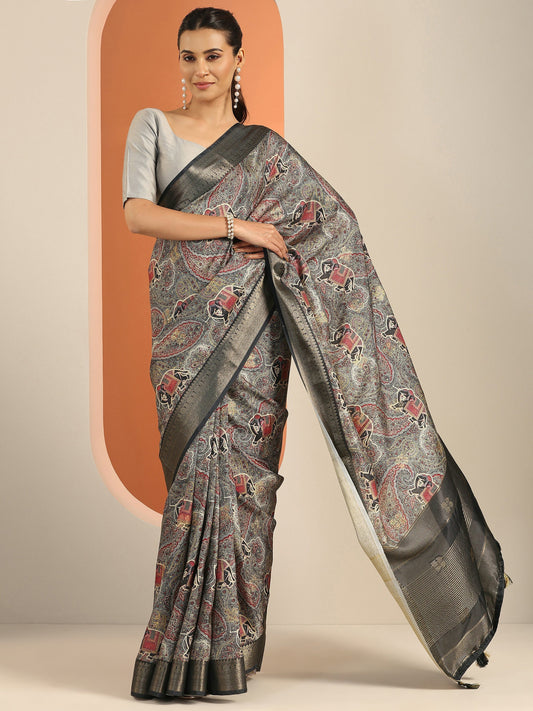 Black Printed Silk Blend Saree With Unstitched Blouse Piece