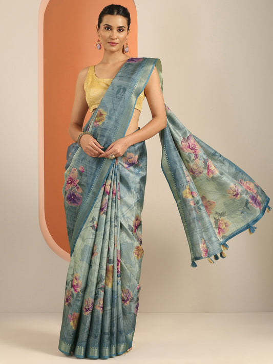 Blue Printed Silk Blend Saree With Unstitched Blouse Piece