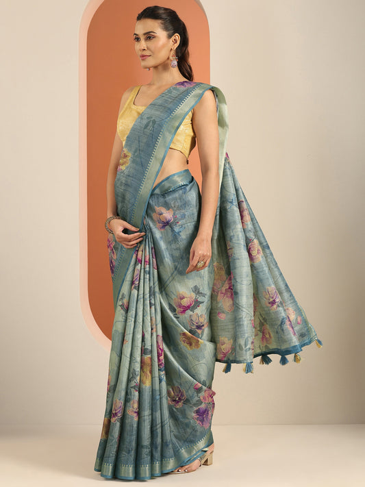 Blue Printed Silk Blend Saree With Unstitched Blouse Piece