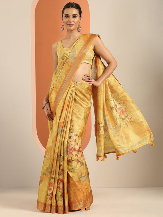 Mustard Printed Silk Blend Saree With Unstitched Blouse Piece