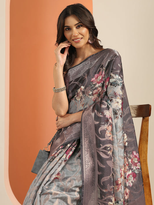 Grey Printed Silk Blend Saree With Unstitched Blouse Piece