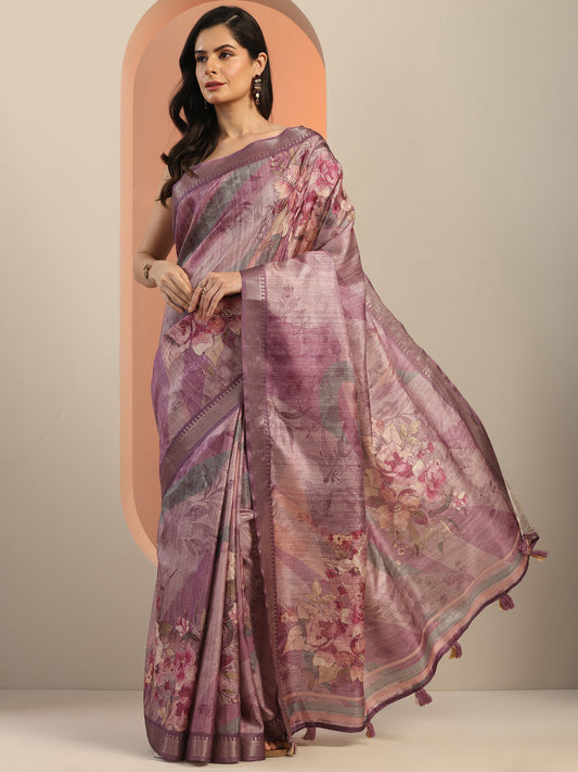 Mauve Printed Silk Blend Saree With Unstitched Blouse Piece