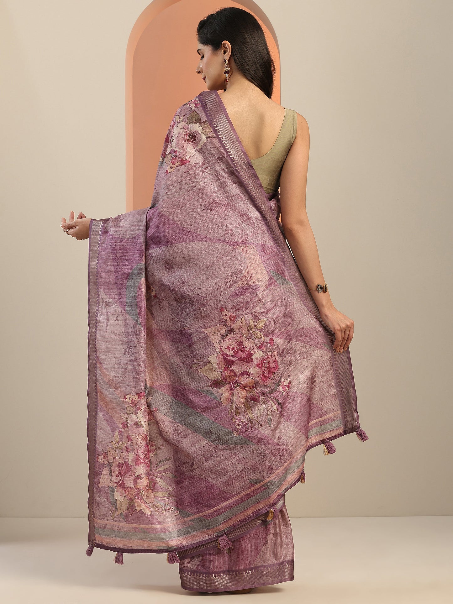 Mauve Printed Silk Blend Saree With Unstitched Blouse Piece