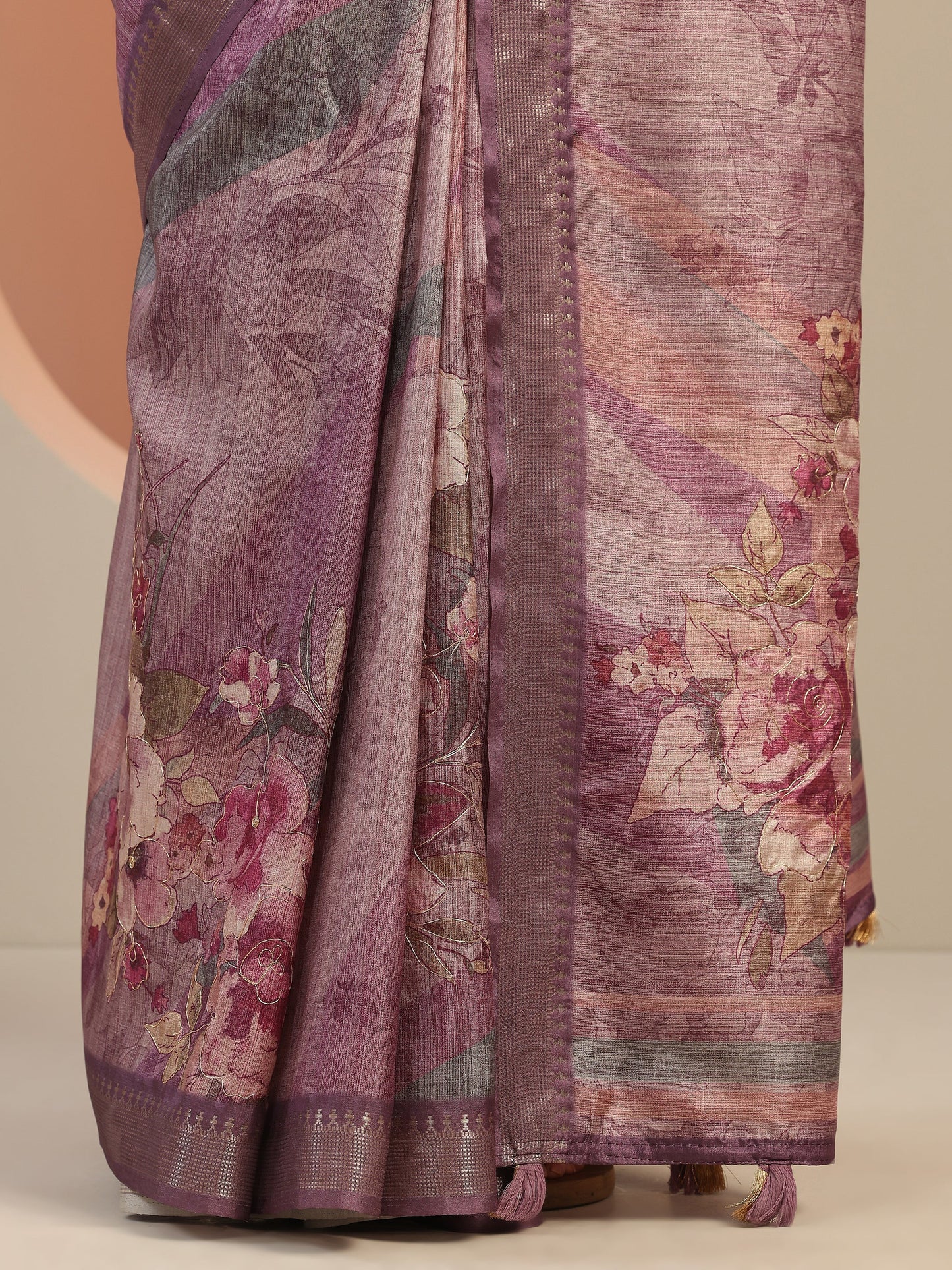 Mauve Printed Silk Blend Saree With Unstitched Blouse Piece