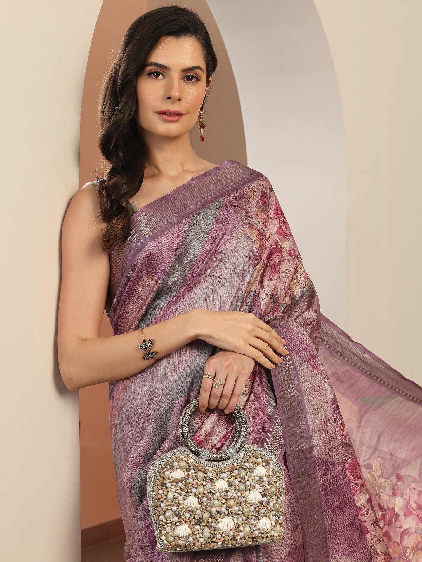 Mauve Printed Silk Blend Saree With Unstitched Blouse Piece