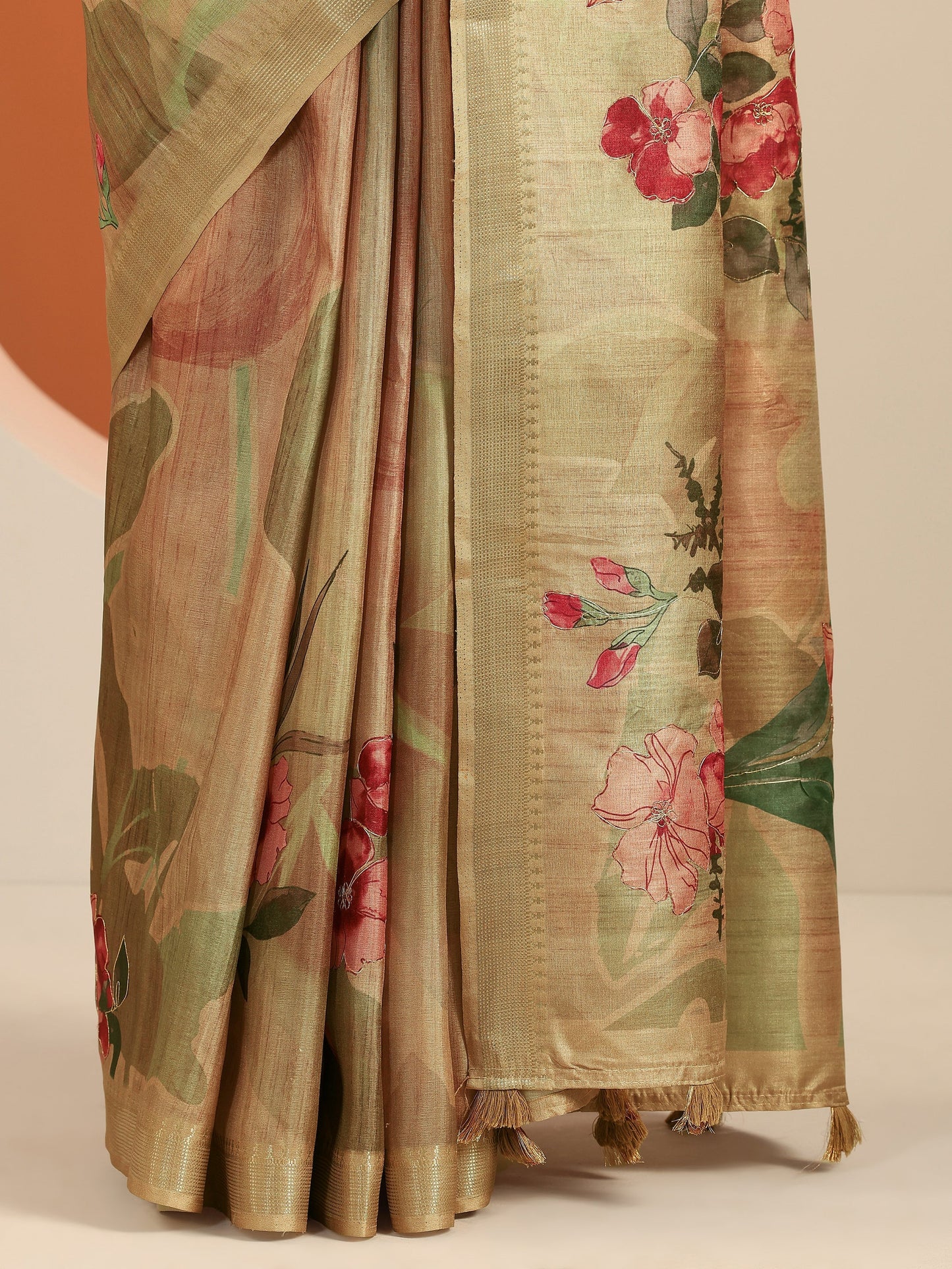 Gold Printed Silk Blend Saree With Unstitched Blouse Piece