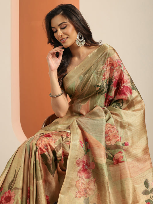 Gold Printed Silk Blend Saree With Unstitched Blouse Piece