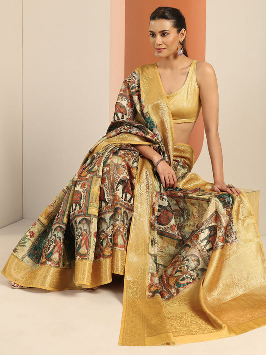 Mustard Printed Silk Blend Saree With Unstitched Blouse Piece