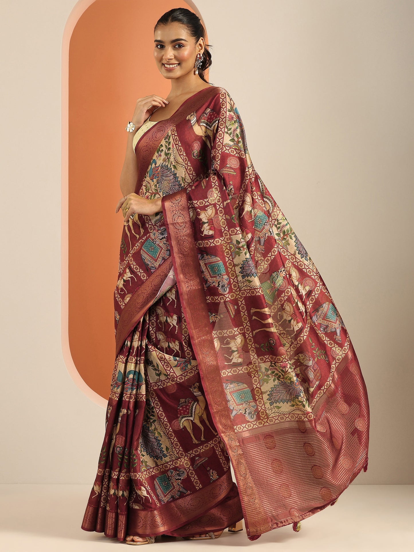 Red Kalamkari Printed Silk Blend Saree With Unstitched Blouse Piece