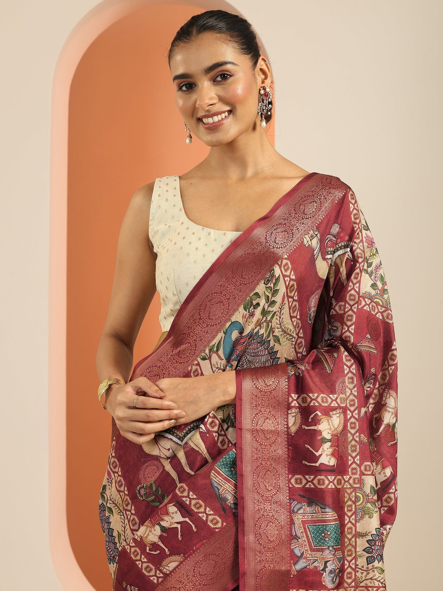 Red Kalamkari Printed Silk Blend Saree With Unstitched Blouse Piece