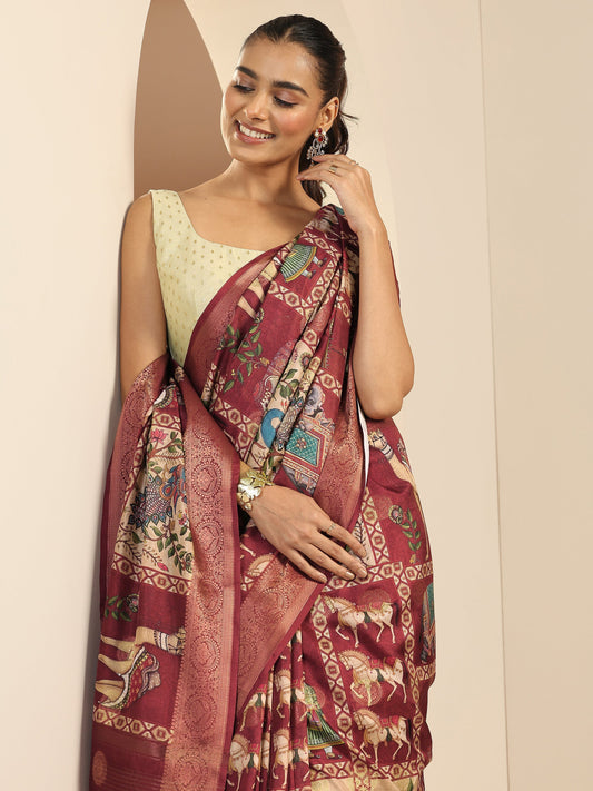 Red Kalamkari Printed Silk Blend Saree With Unstitched Blouse Piece