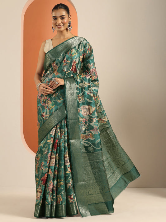 Teal Kalamkari Printed Silk Blend Saree With Unstitched Blouse Piece