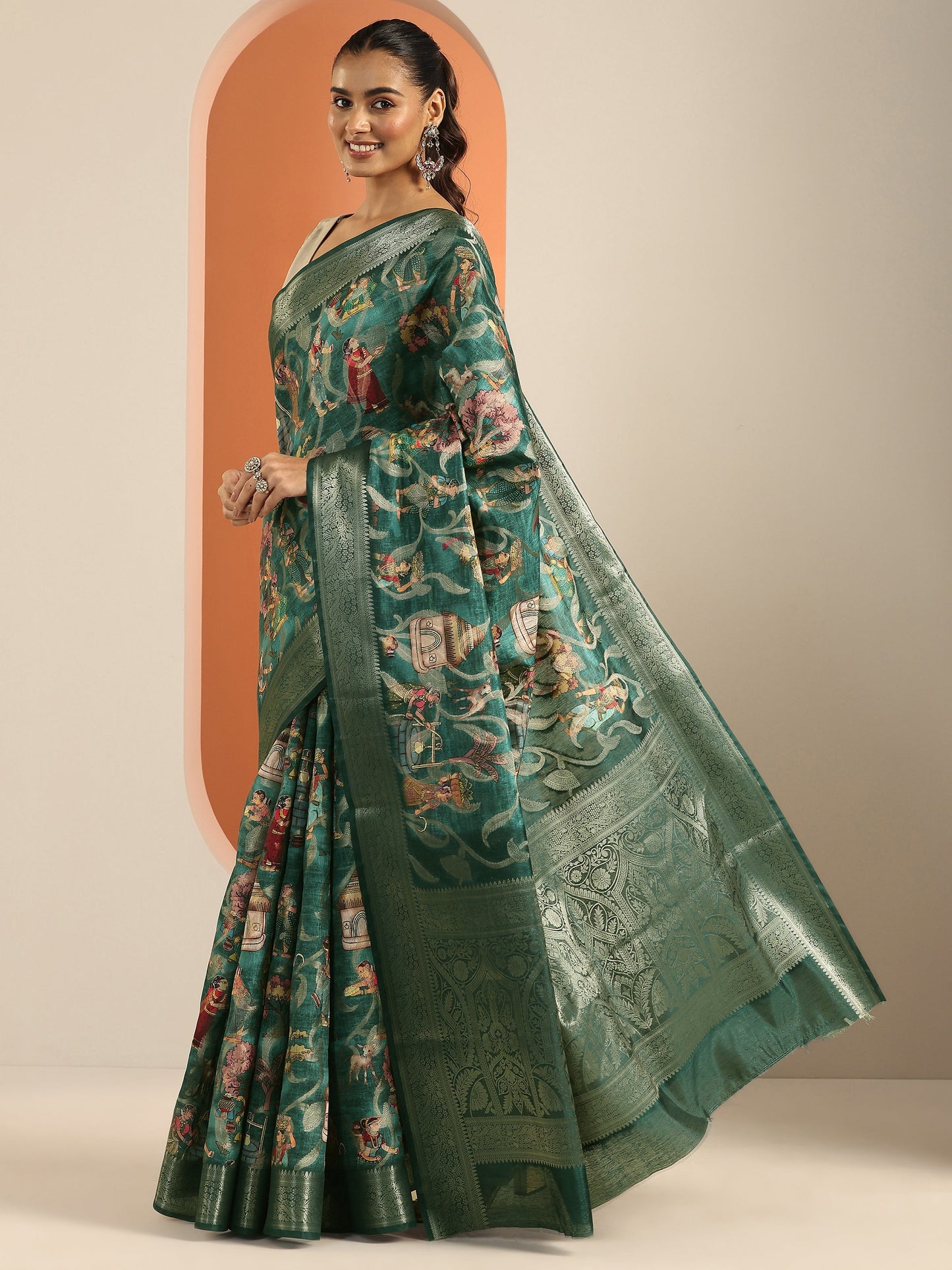 Teal Kalamkari Printed Silk Blend Saree With Unstitched Blouse Piece