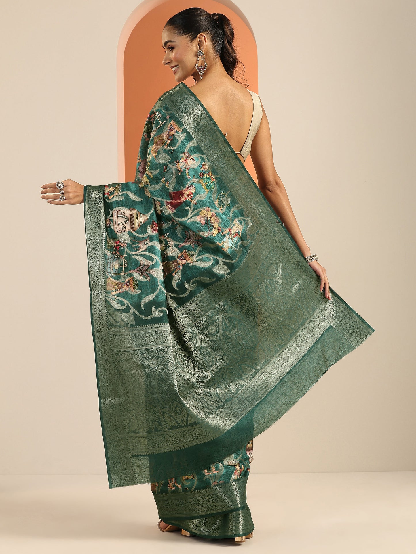 Teal Kalamkari Printed Silk Blend Saree With Unstitched Blouse Piece