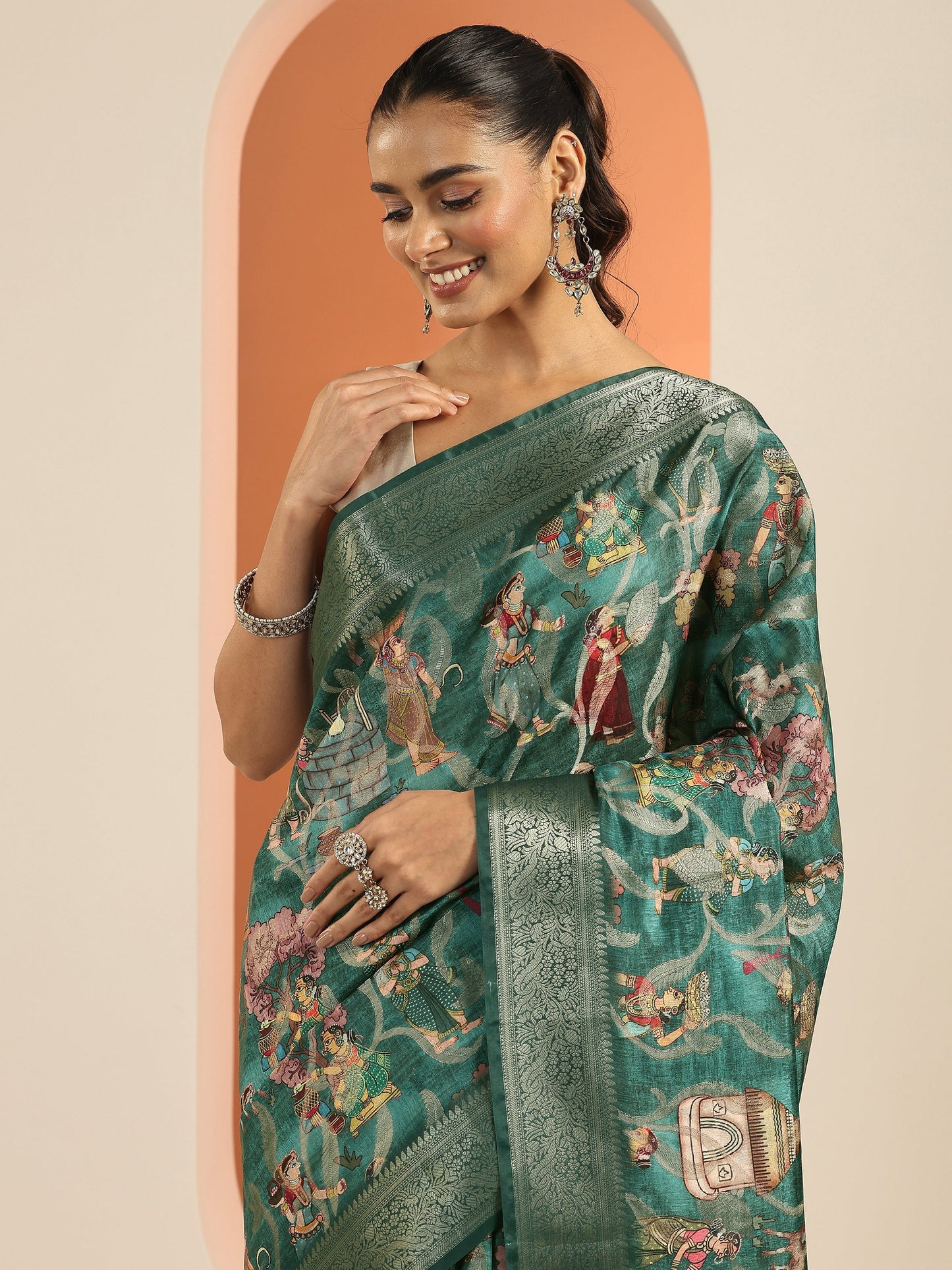 Teal Kalamkari Printed Silk Blend Saree With Unstitched Blouse Piece