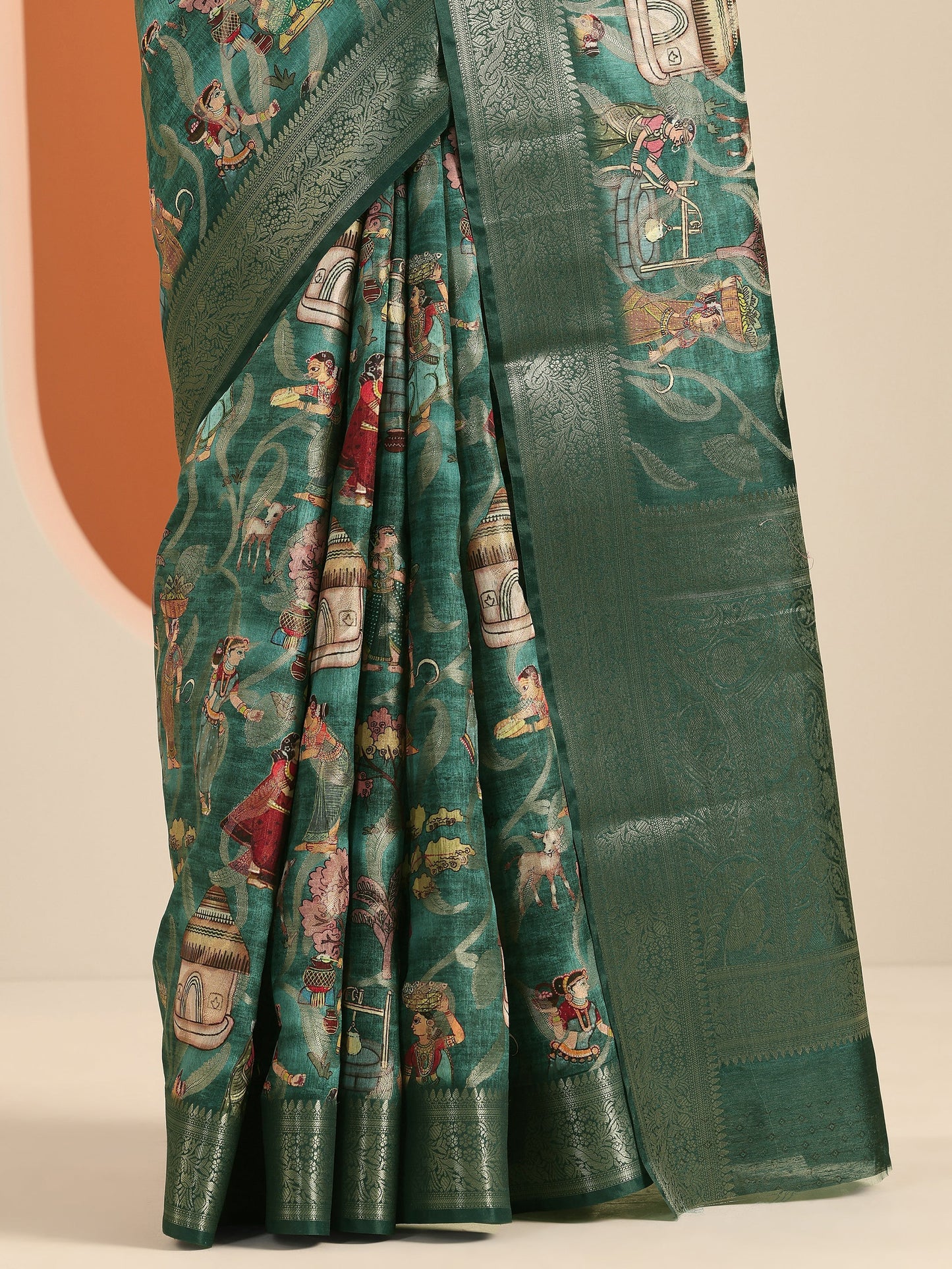 Teal Kalamkari Printed Silk Blend Saree With Unstitched Blouse Piece