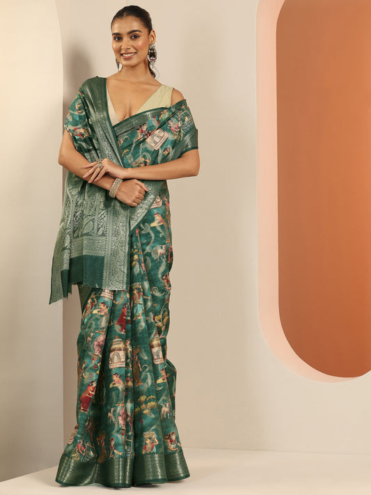 Teal Kalamkari Printed Silk Blend Saree With Unstitched Blouse Piece