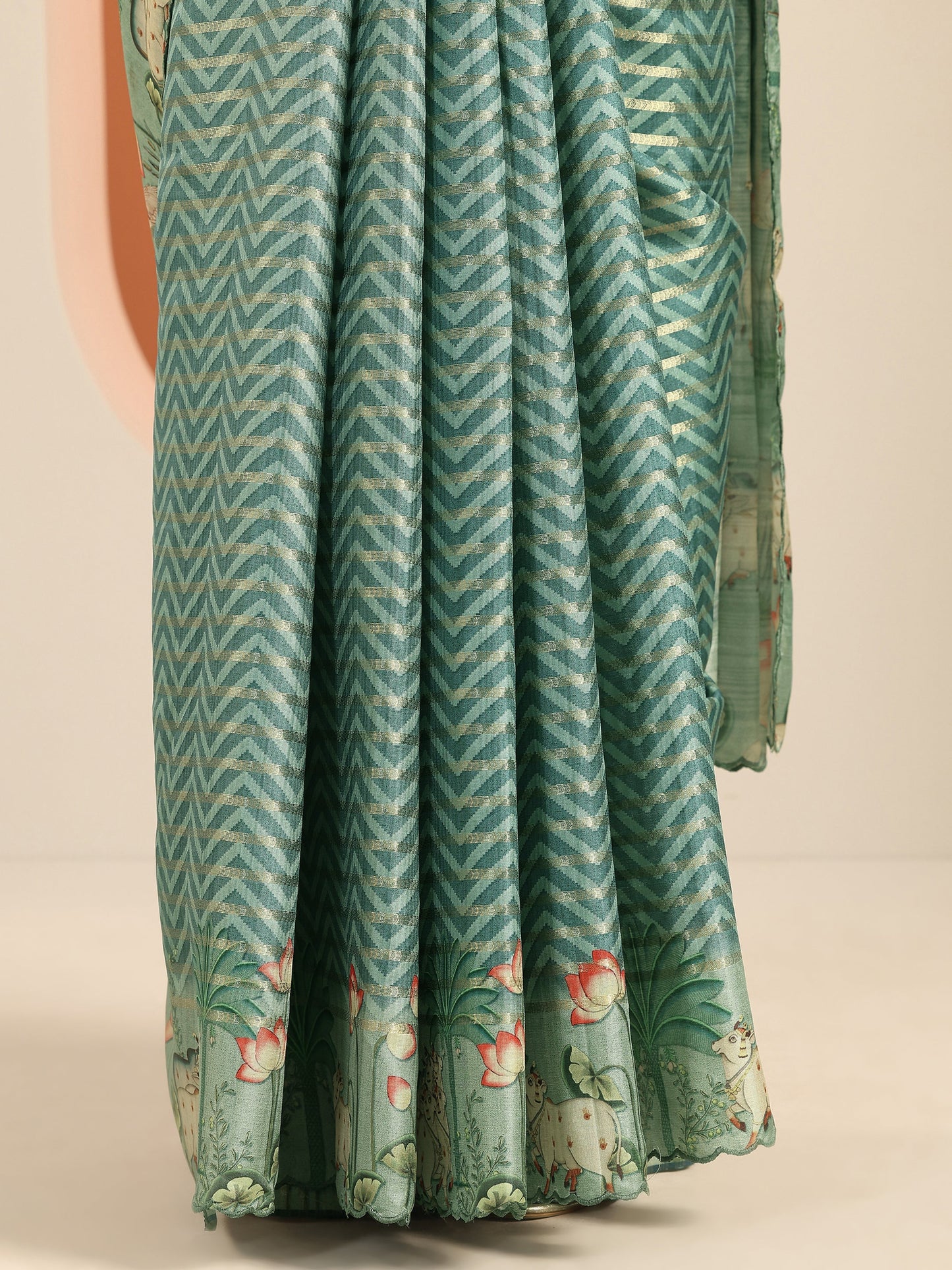 Green Printed Silk Blend Saree With Unstitched Blouse Piece