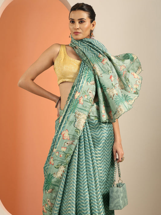 Green Printed Silk Blend Saree With Unstitched Blouse Piece