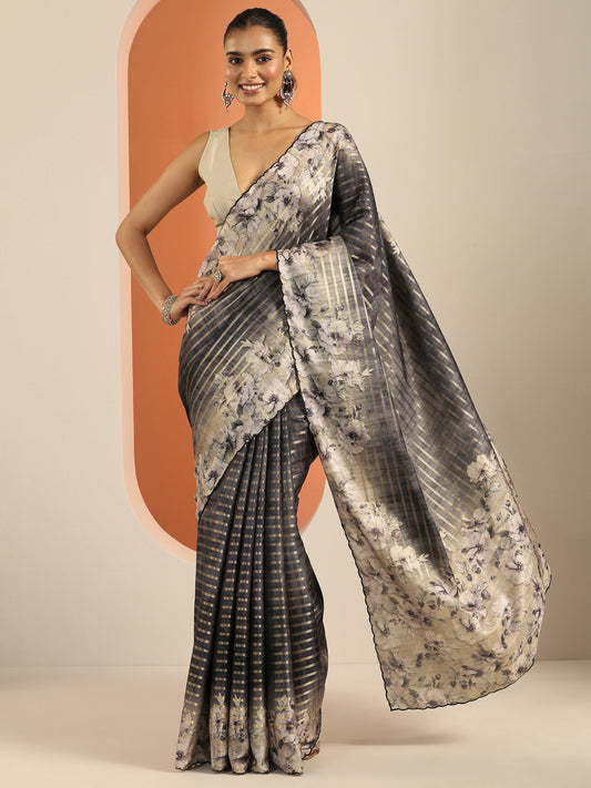 Grey Printed Silk Blend Saree With Unstitched Blouse Piece