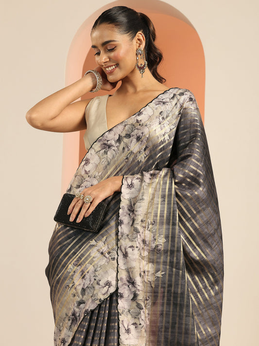 Grey Printed Silk Blend Saree With Unstitched Blouse Piece