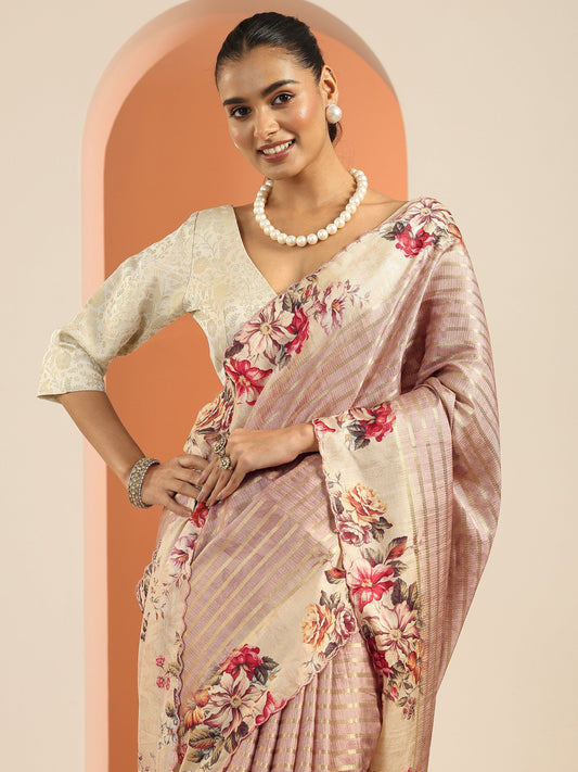Pink Printed Silk Blend Saree With Unstitched Blouse Piece