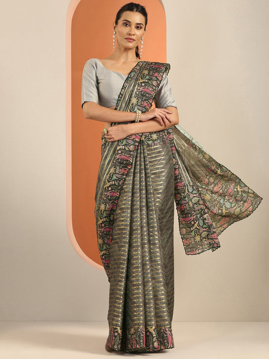 Grey Printed Silk Blend Saree With Unstitched Blouse Piece