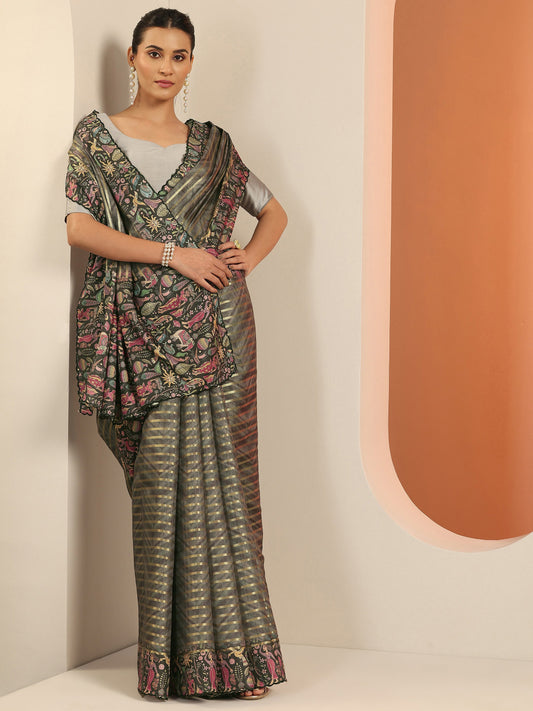 Grey Printed Silk Blend Saree With Unstitched Blouse Piece