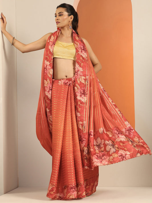 Orange Printed Silk Blend Saree With Unstitched Blouse Piece