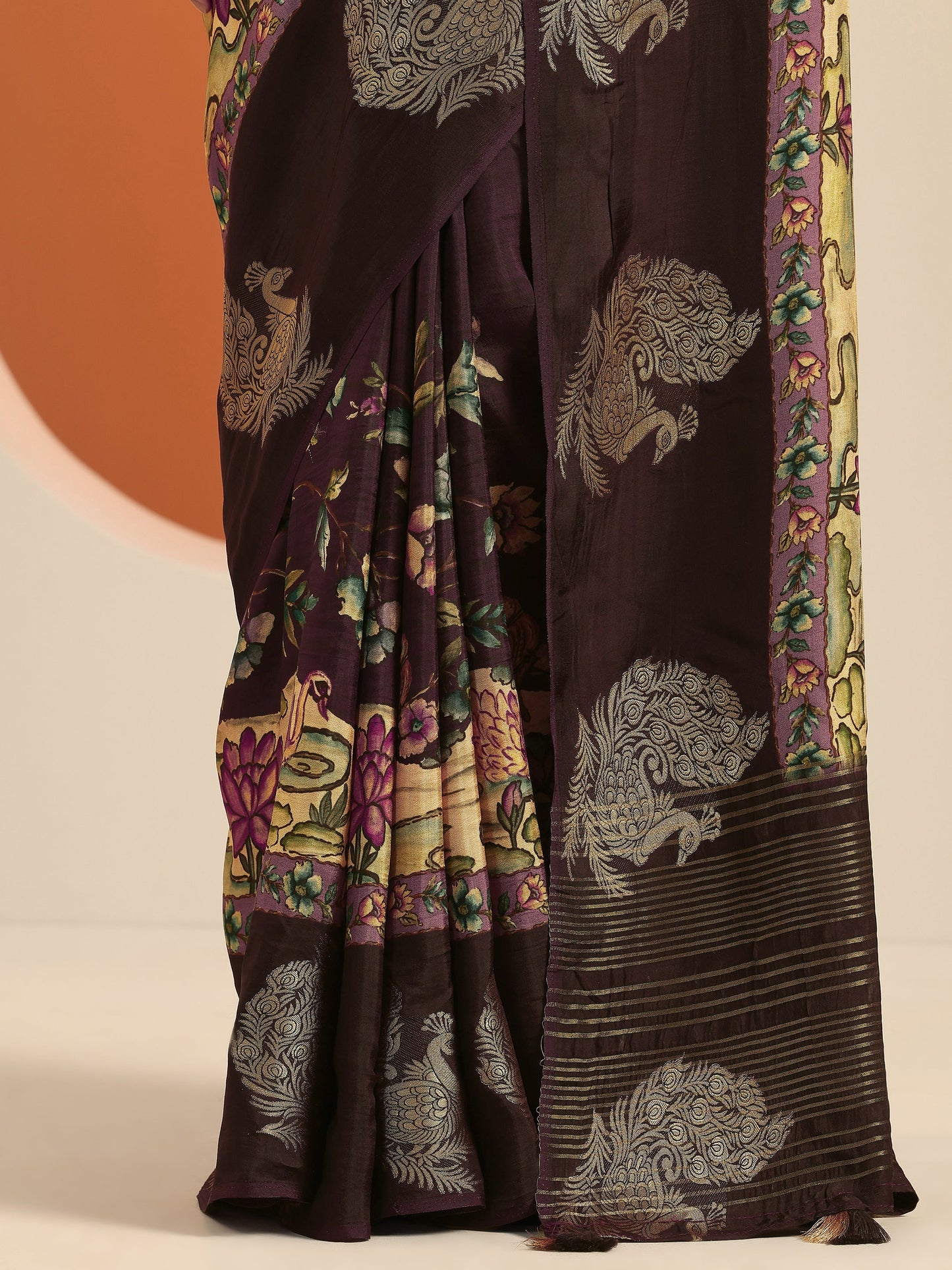 Burgundy Printed Silk Blend Saree With Unstitched Blouse Piece