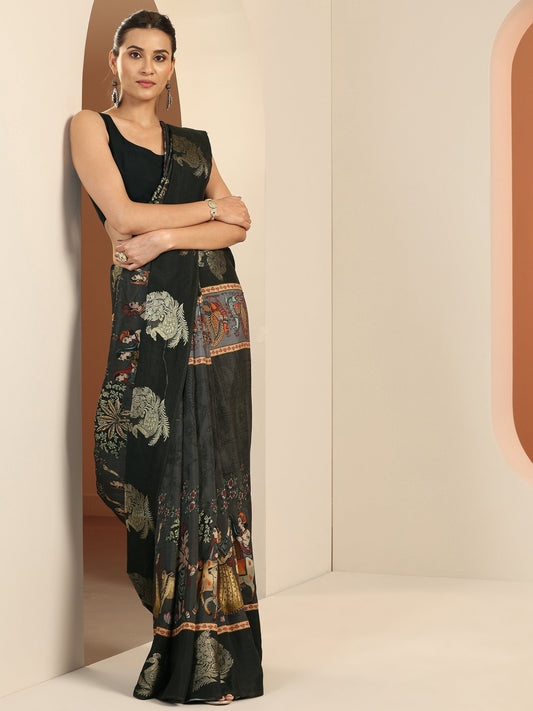 Black Printed Silk Blend Saree With Unstitched Blouse Piece
