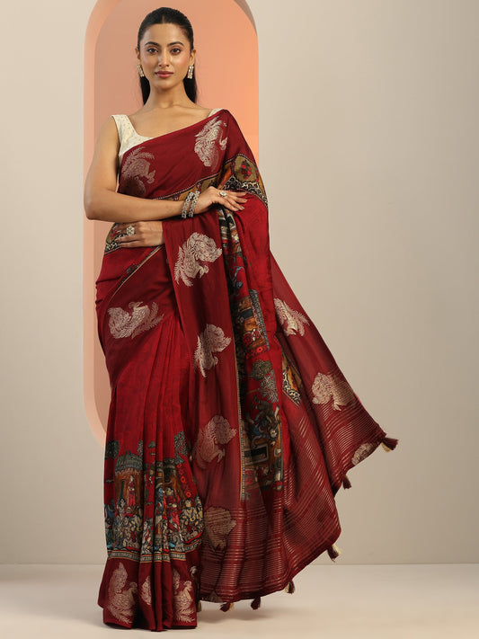Red Printed Silk Blend Saree With Unstitched Blouse Piece