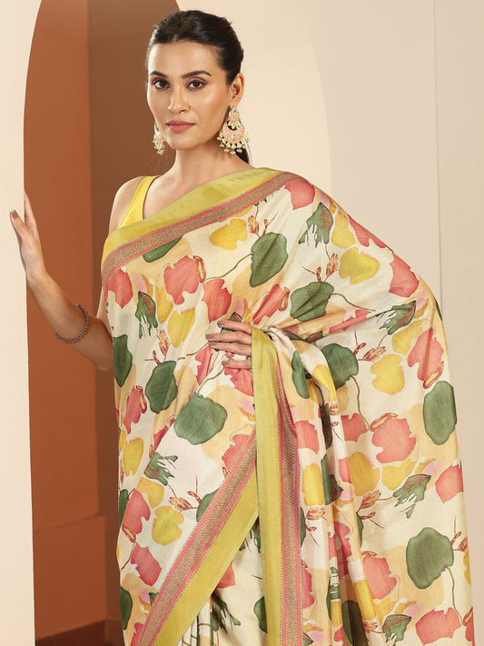 Off white Printed Silk Blend Saree With Unstitched Blouse Piece