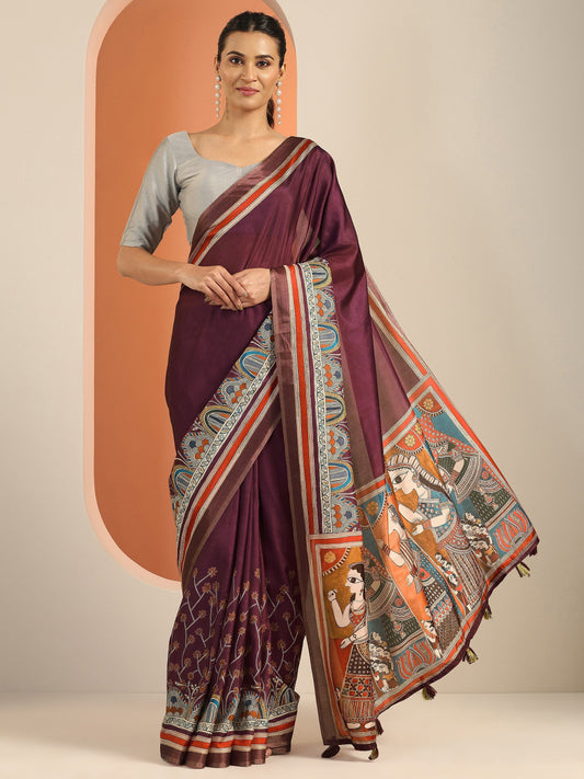 Burgundy Solid Silk Blend Saree With Unstitched Blouse Piece