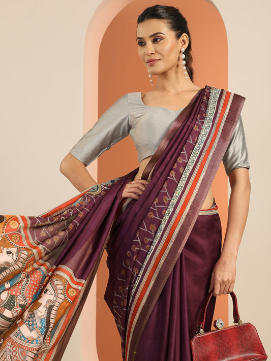 Burgundy Solid Silk Blend Saree With Unstitched Blouse Piece
