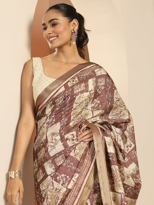 Taupe Printed Silk Blend Saree With Unstitched Blouse Piece