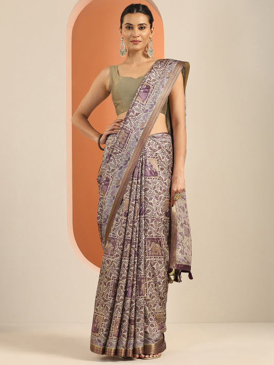 Mauve Printed Silk Blend Saree With Unstitched Blouse Piece