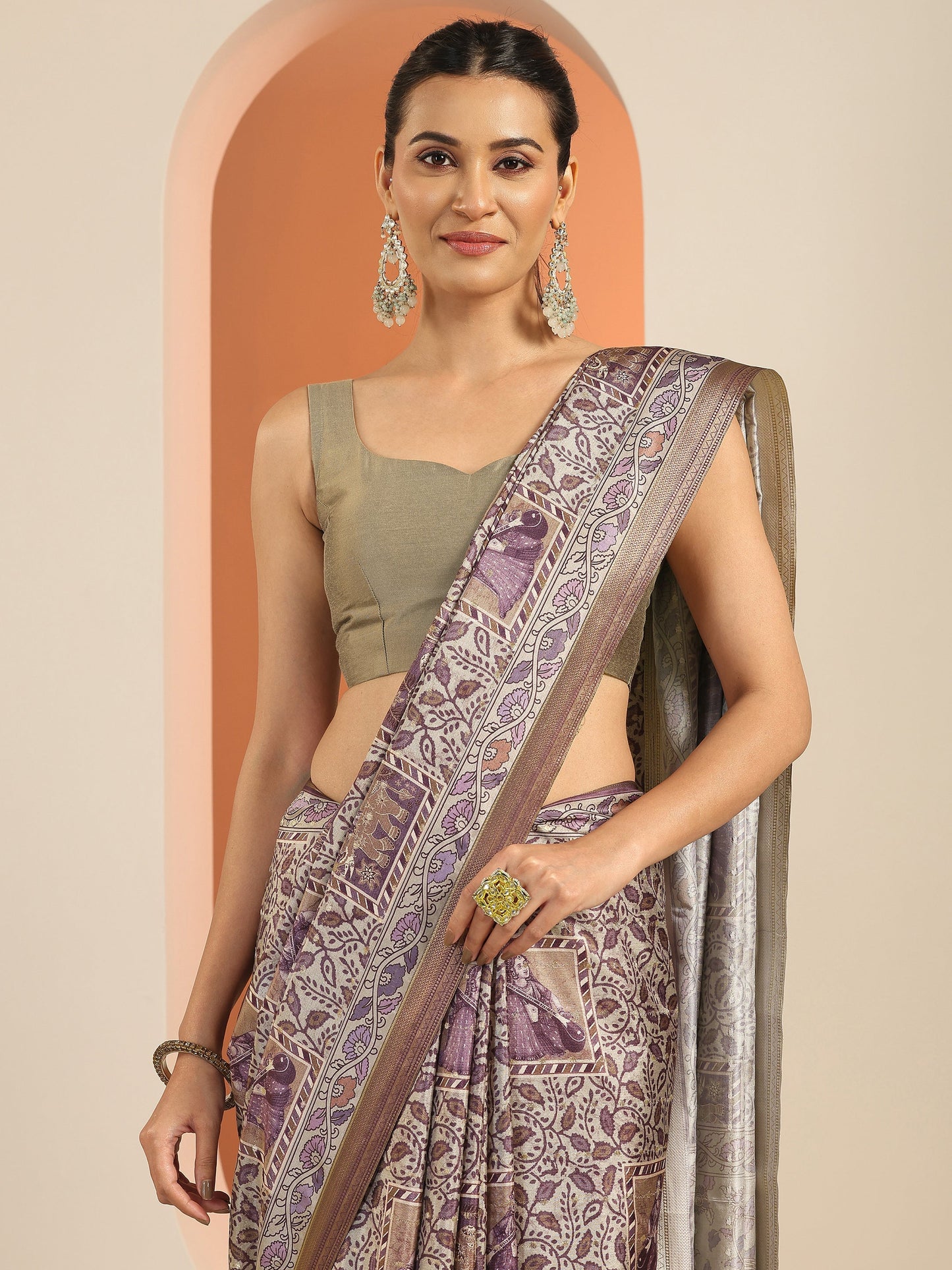 Mauve Printed Silk Blend Saree With Unstitched Blouse Piece